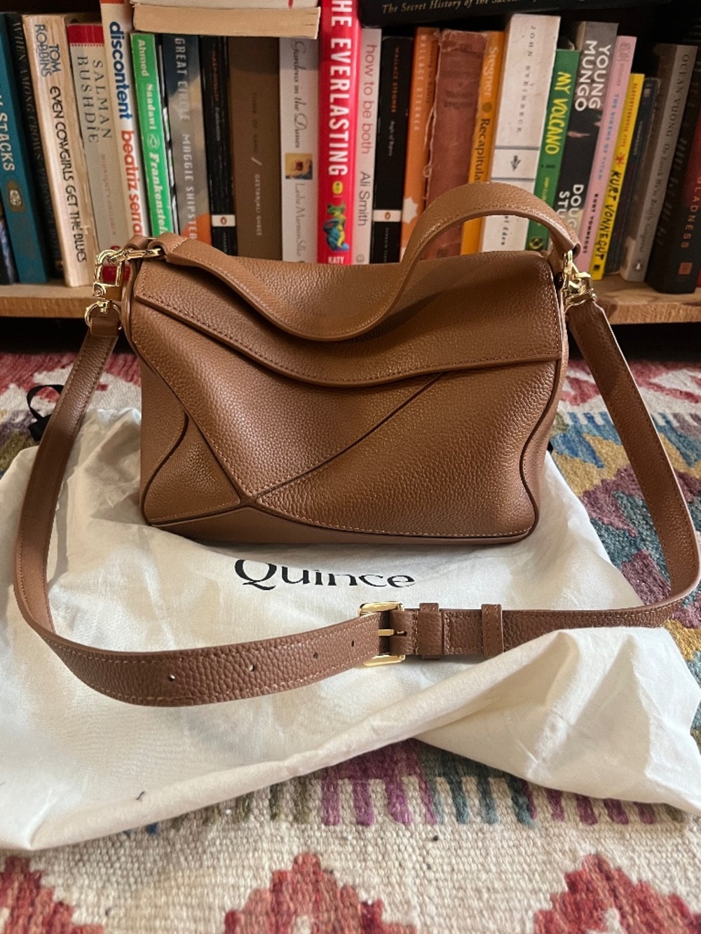 Quince Italian Leather Patchwork Crossbody--Cognac